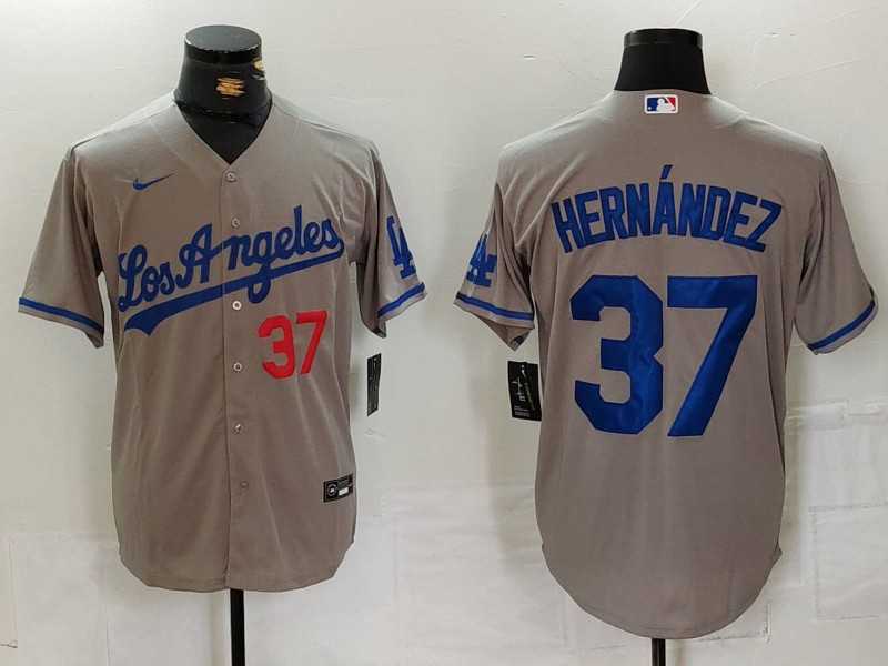 Mens Los Angeles Dodgers #37 Teoscar Hernandez Number Grey With Los Cool Base Stitched Jersey